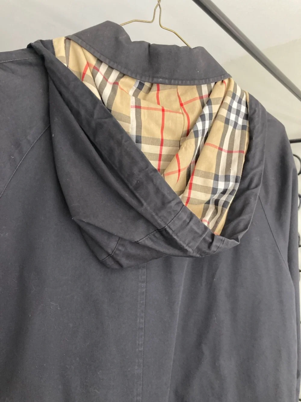 Dark Navy Burberry Trench Coat with Plaid Trim - Picture 8 of 8